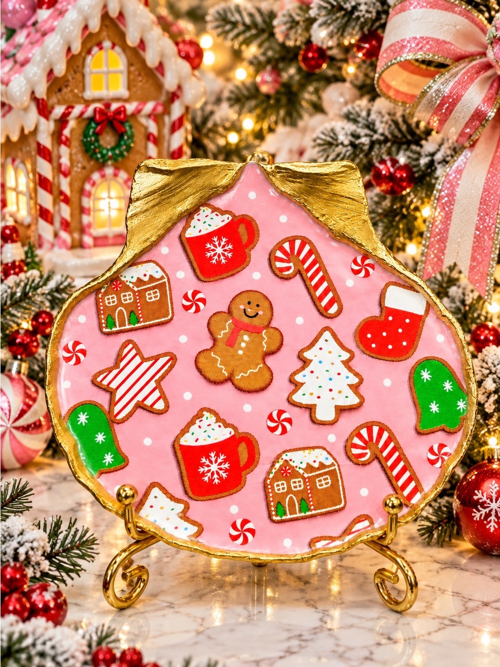 Hand Crafted Grandmas Christmas Cookies Pink Trinket Shell Dish 5”